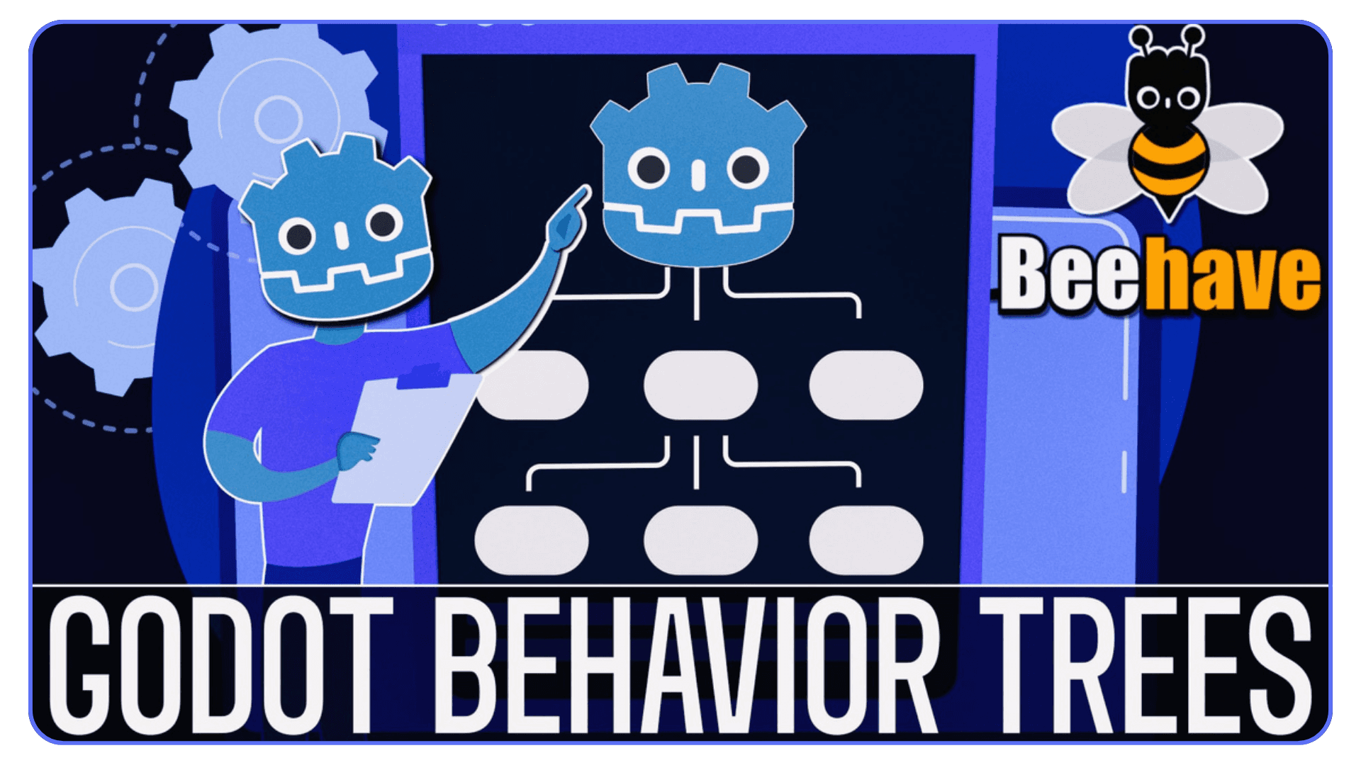Beehave plugin illustration showing a Godot mascot teaching a behavior tree diagram.