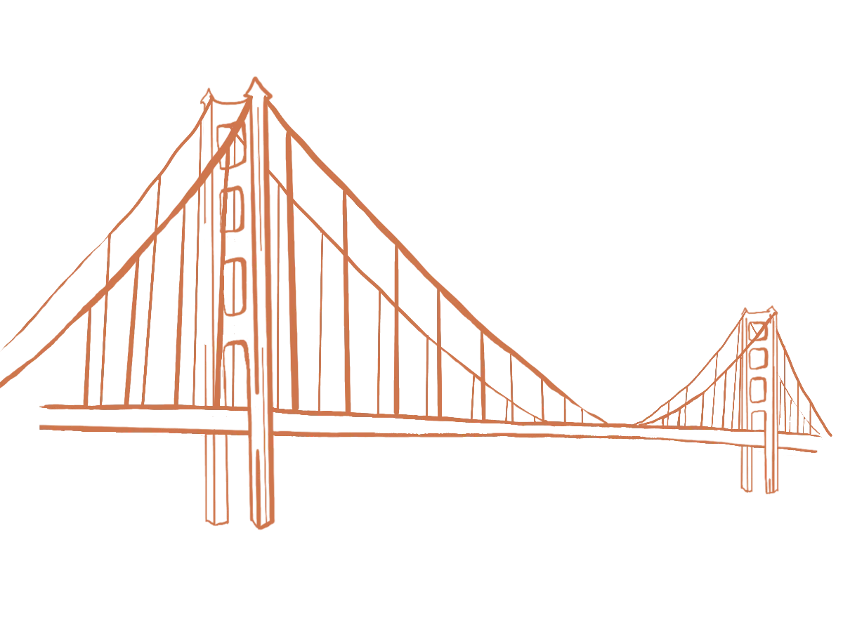A digital illustration of the Golden Gate Bridge in San Francisco, featuring its iconic orange-red towers and suspension cables against a white background, highlighting the landmark's architectural elegance and engineering significance.