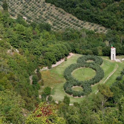 一个包含塔楼、橄榄树呈圆形排列以及梯田被茂密绿植围绕的风景。