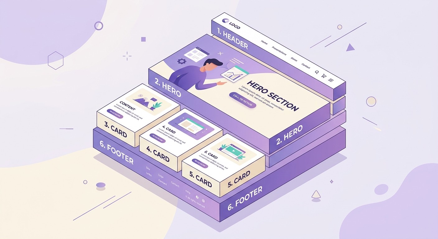 Six building blocks stacking into a business website layout, flat illustration