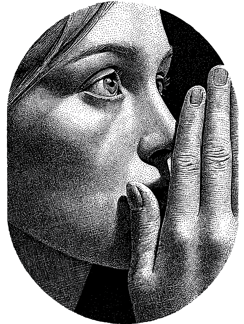 Vue au travers d'une forme elliptique d'une femme en train de révéler un secret en se cachant la bouche avec sa main sur le côté