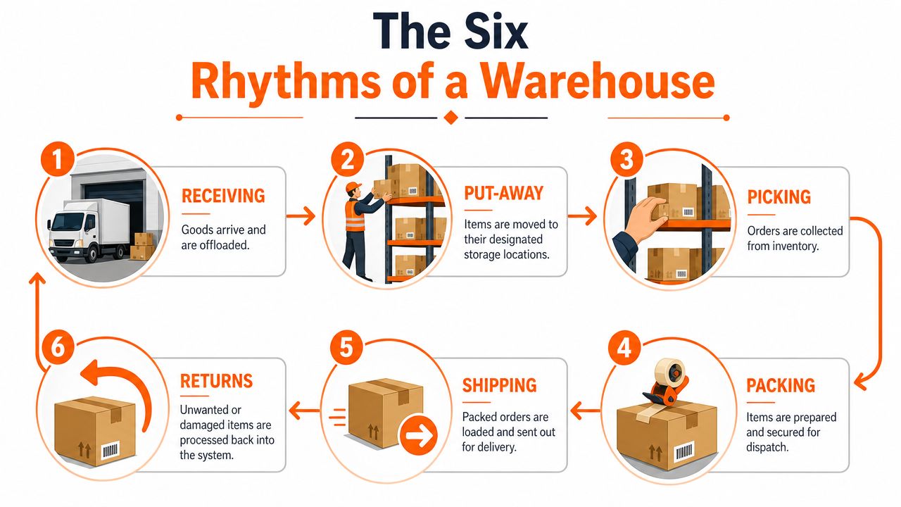 A diagram illustrating the six key processes of warehouse operations from receiving to customer returns.