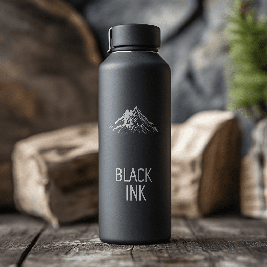 A man holding a laser engraved modern stainless steel flask.