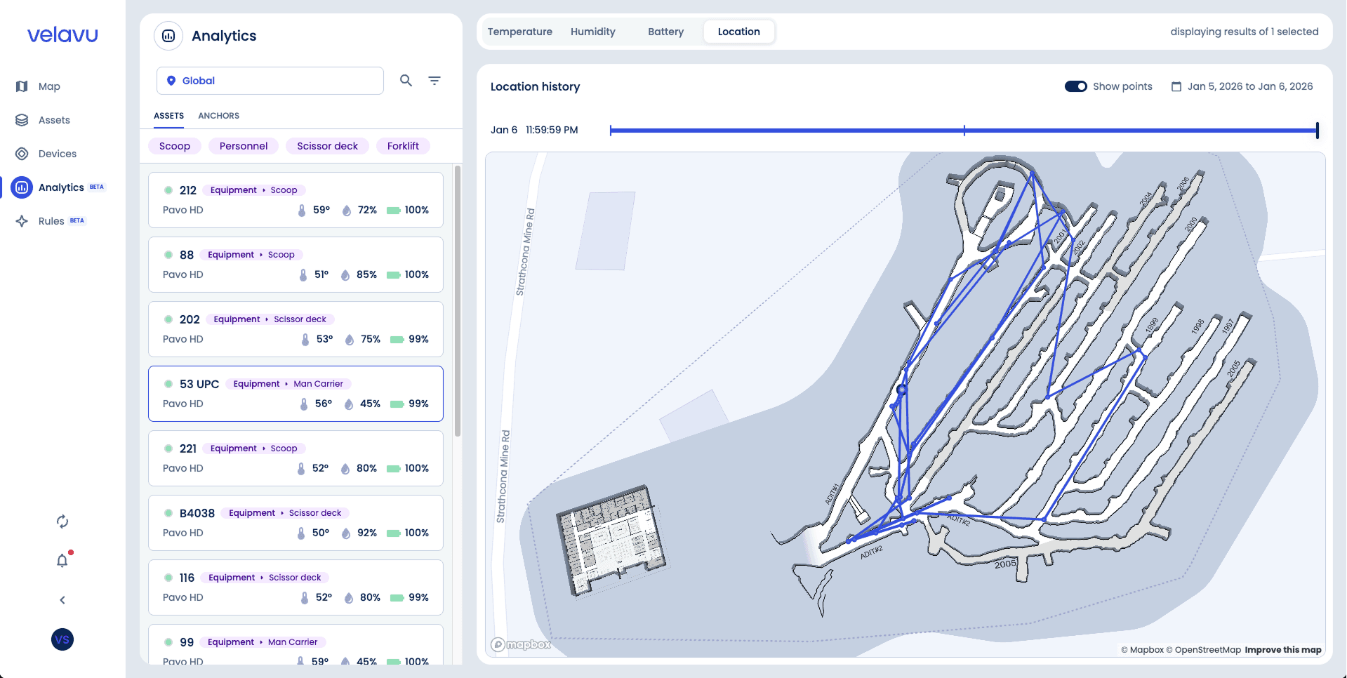 Velavu dashboard showing location history replay for a tracked scoop at NORCAT