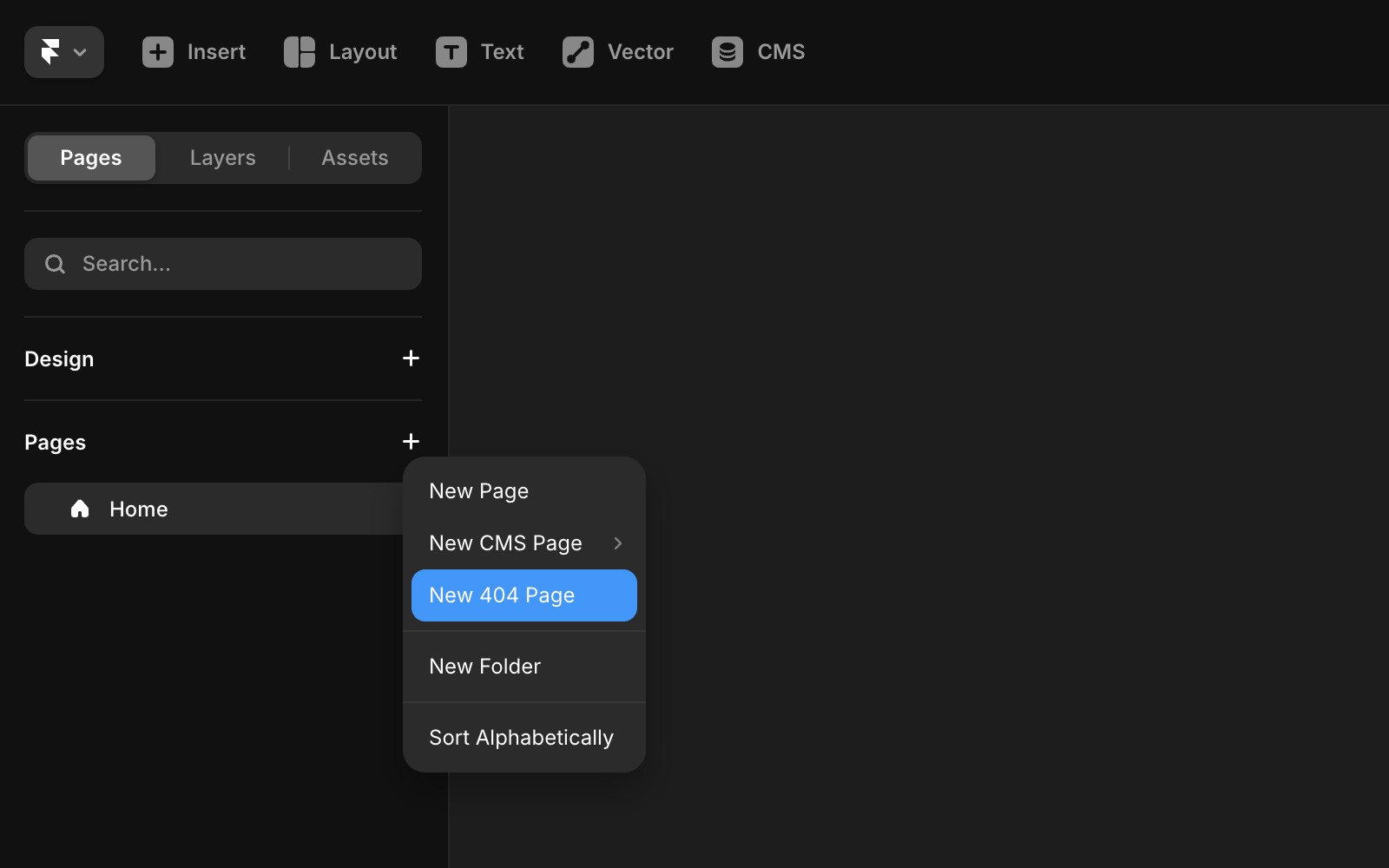 一个深色主题的网页设计界面,显示页面管理面板。左侧列出了可用页面,包括首页、功能、定价和联系。上下文菜单已打开,选项包括新建页面、新建 CMS 页面(已高亮)、新建 404 页面、新建文件夹和按字母顺序排序。