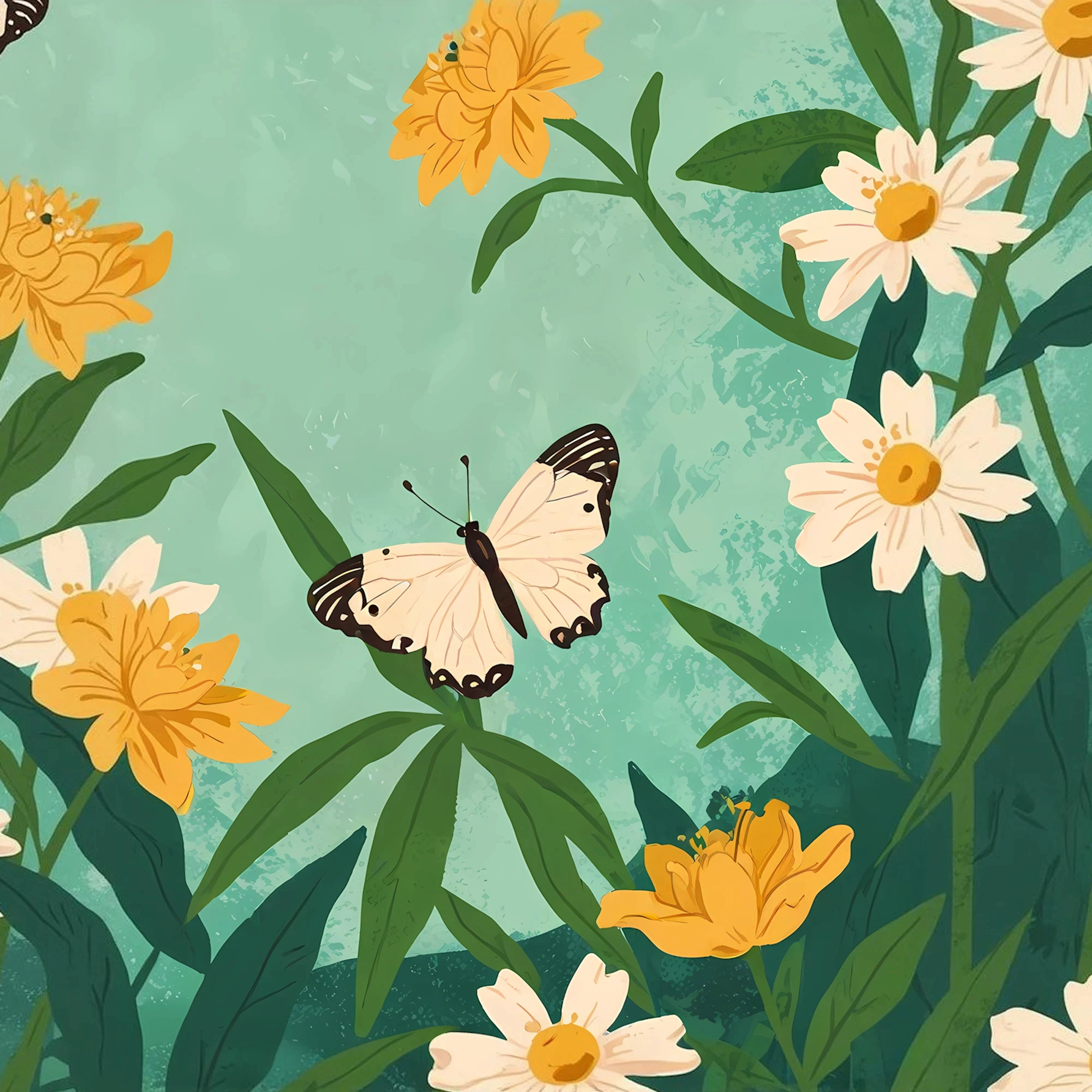 Mariposa blanca entre flores amarillas brillantes, que simboliza la transformación que viven las pequeñas empresas canadienses al cambiar de proveedor de nómina durante el verano.