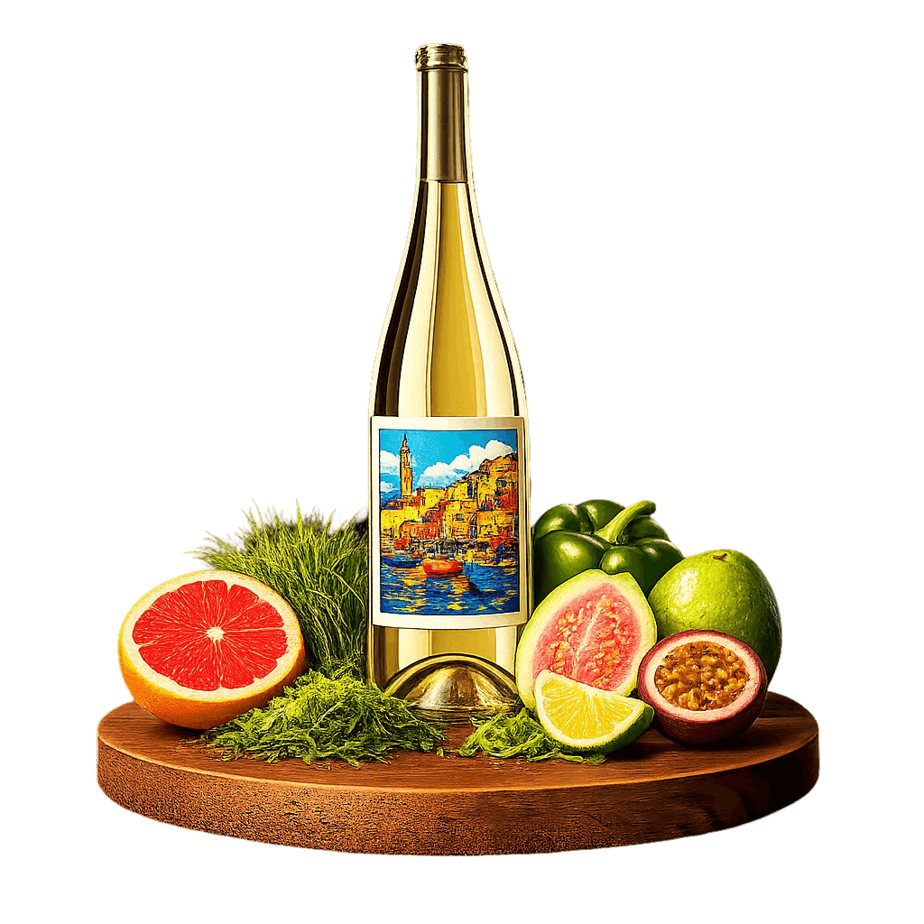 Artistic label and flavor profile for Israeli Sauvignon Blanc on a rustic wooden table.