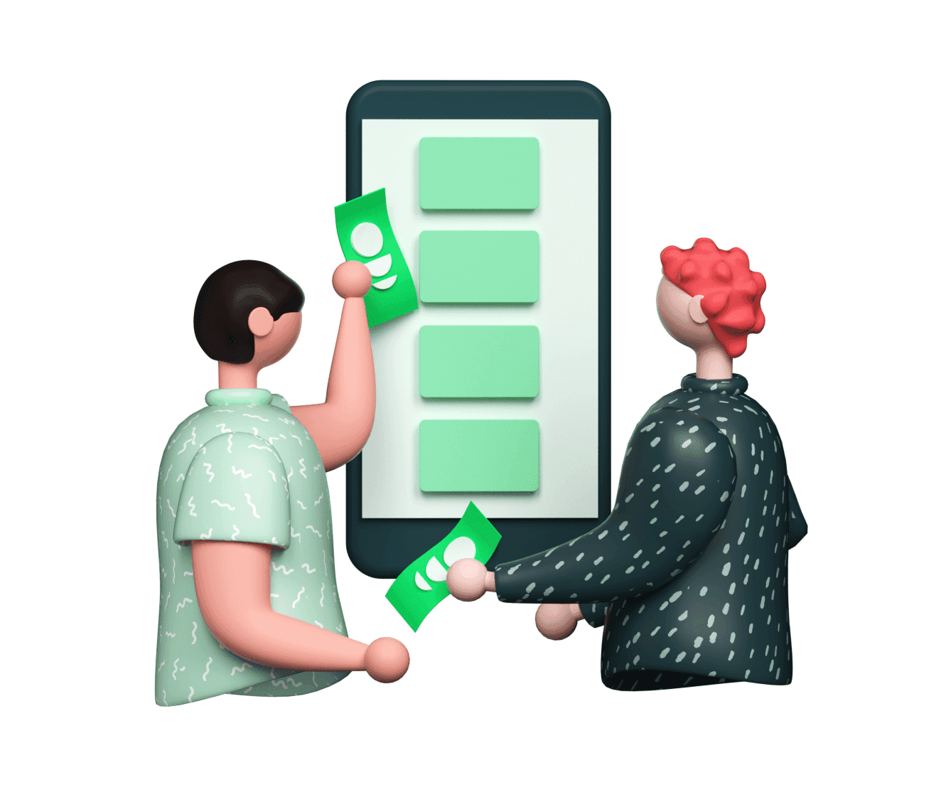 Animatie van mensen die geld op een scherm leggen.