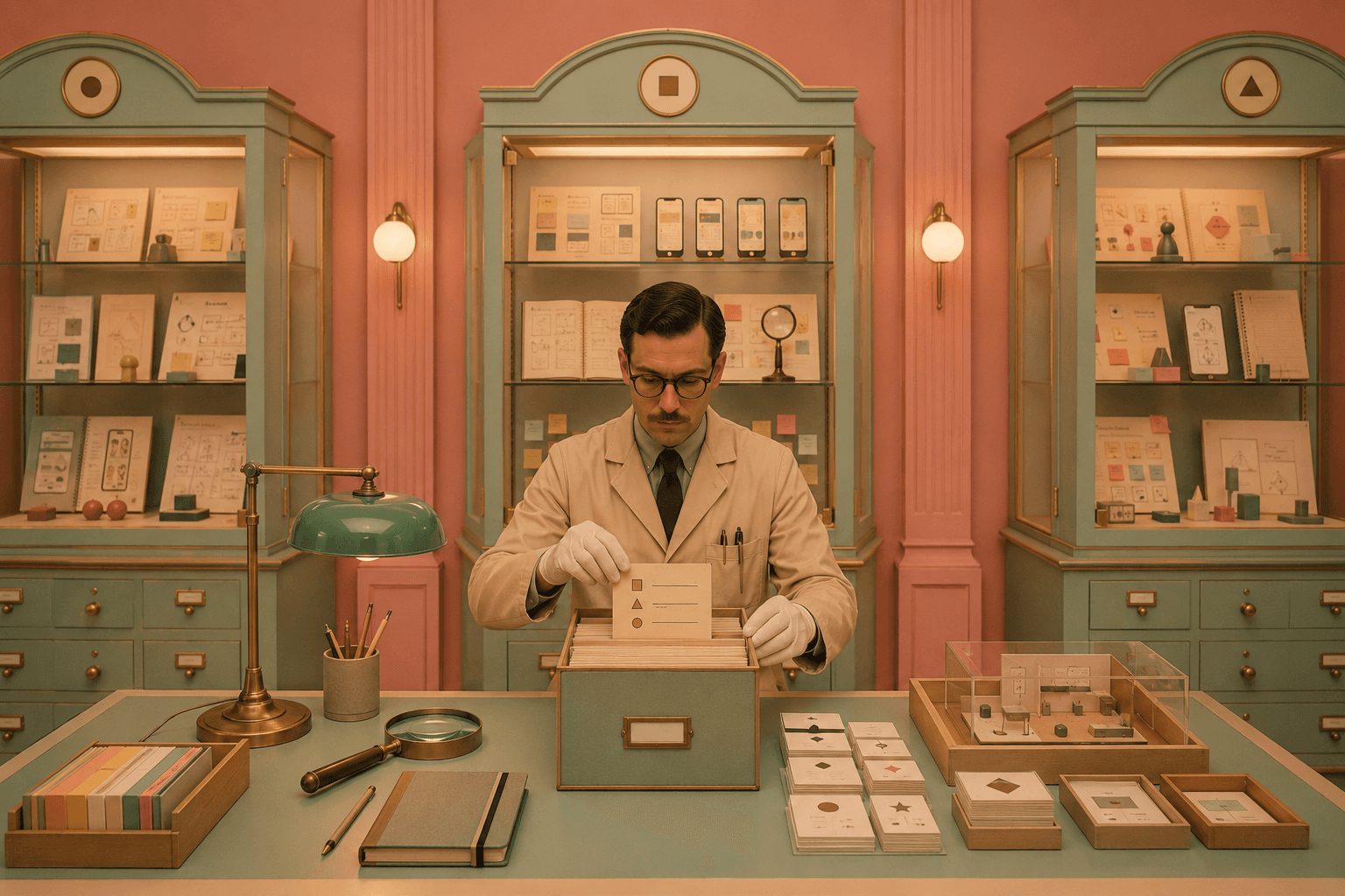 Archivist cataloging UX case study artifacts in a pastel museum archive, representing JSON-LD schema for structured portfolio content.
