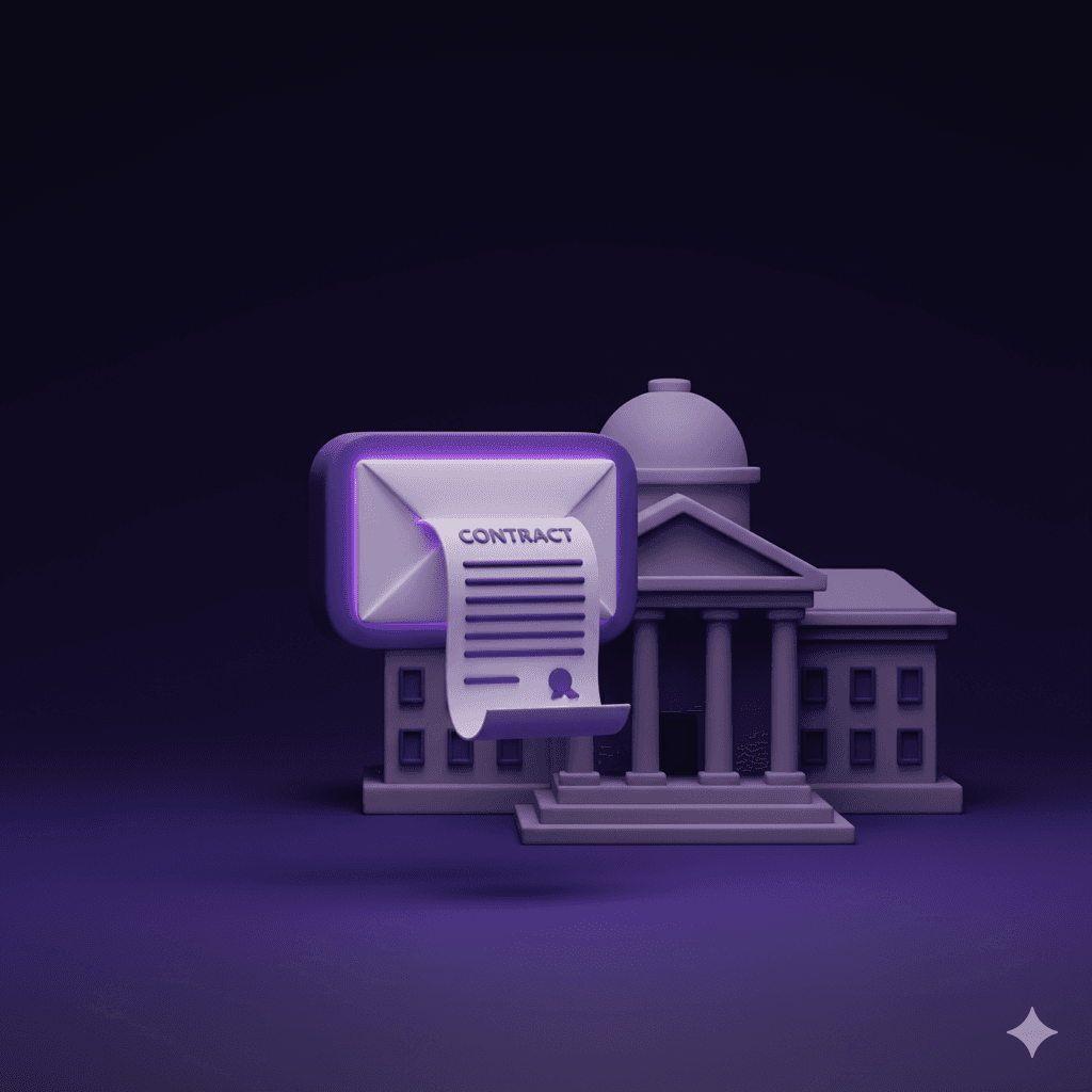 A corporate email notification with a contract materialising from it and a courthouse fading into shadow, representing a mandatory arbitration clause added mid-employment