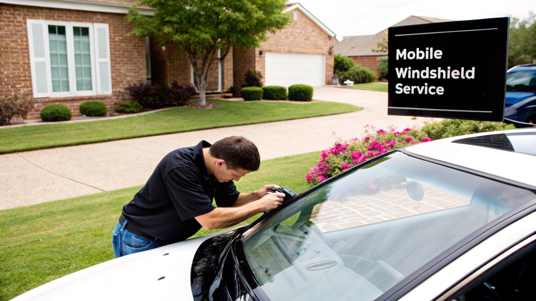 A technician carefully installing a new windshield on a modern car outdoors, showcasing the convenience of mobile service.