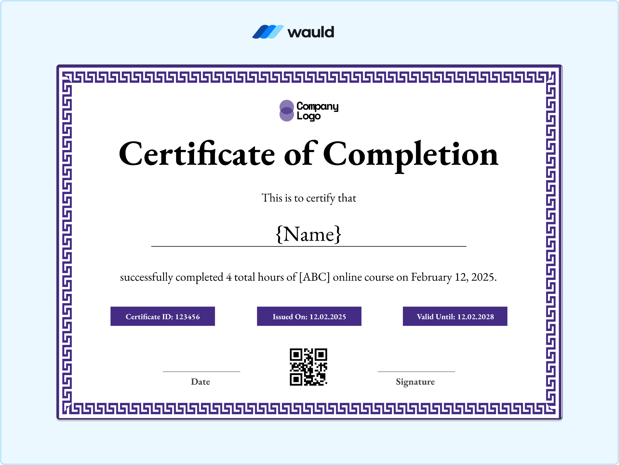 Purple ornate border certificate of completion template with engraved pattern