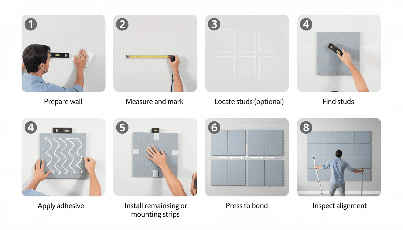 Na obrazie przedstawiony jest krok po kroku proces montażu paneli akustycznych na ścianie, w tym drewnianych paneli akustycznych oraz pianki akustycznej, które mają na celu poprawę akustyki wnętrza i pochłanianie niepożądanych dźwięków. Widać również narzędzia potrzebne do instalacji oraz przykłady efektów, jakie można osiągnąć w każdym pomieszczeniu.