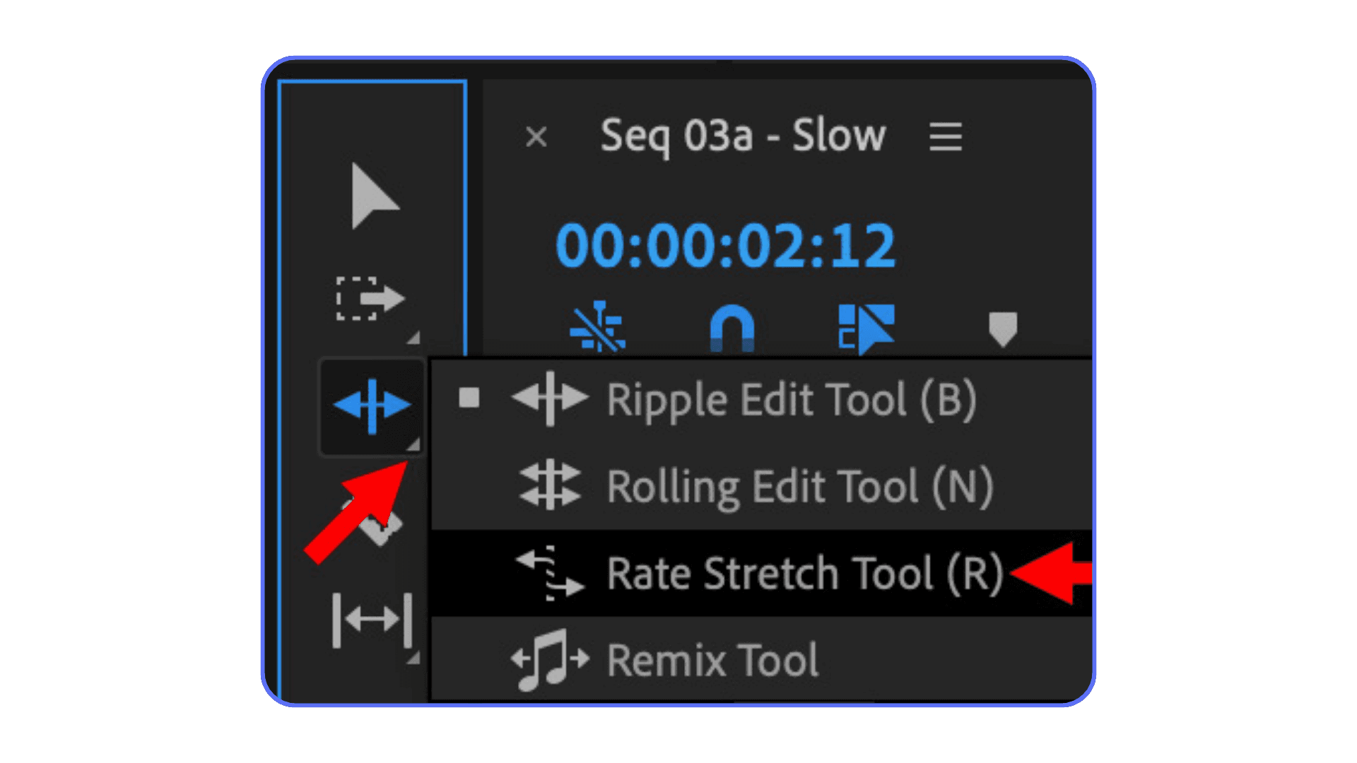 Rate Stretch Tool selected in Adobe Premiere Pro toolbar for adjusting clip speed by duration