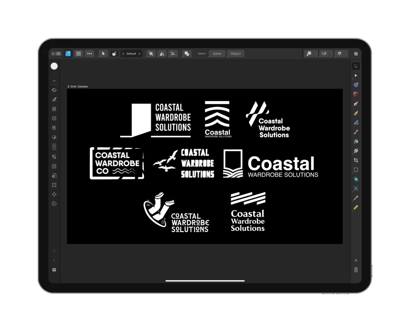 An iPad Pro screen displaying a black artboard with eight different white logo concepts for 'Coastal Wardrobe Solutions.' The designs include various icons such as stylized waves, door outlines, and geometric shapes paired with bold sans-serif typography.