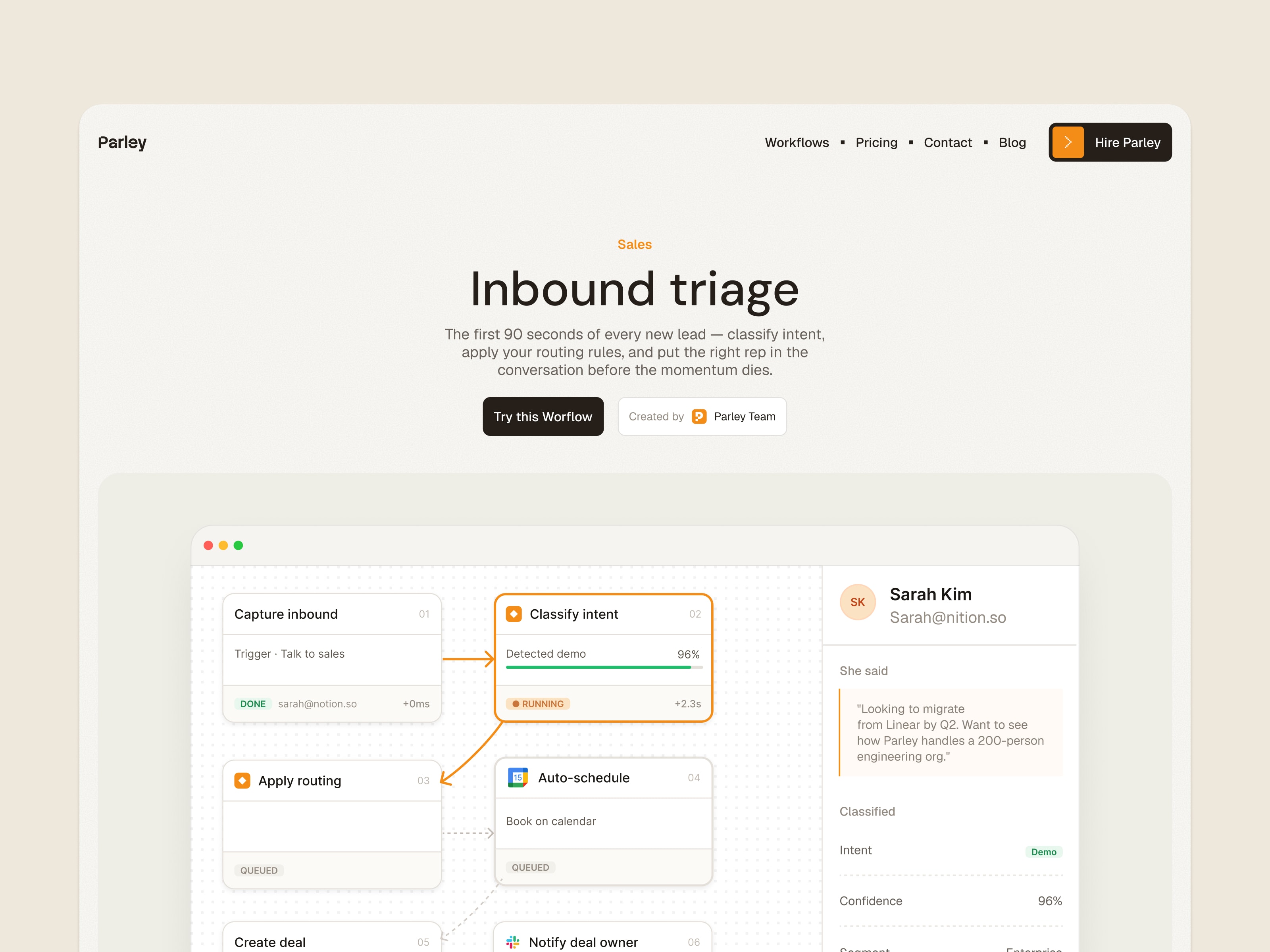 Parley Inbound triage demo workflow page with a lead-routing diagram.