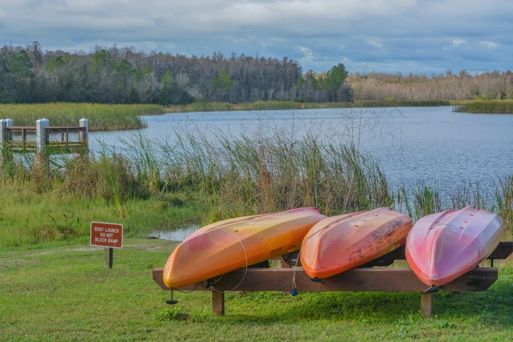 Three colorful kayaks resting on a wooden bench, showcasing vibrant hues against a natural backdrop.