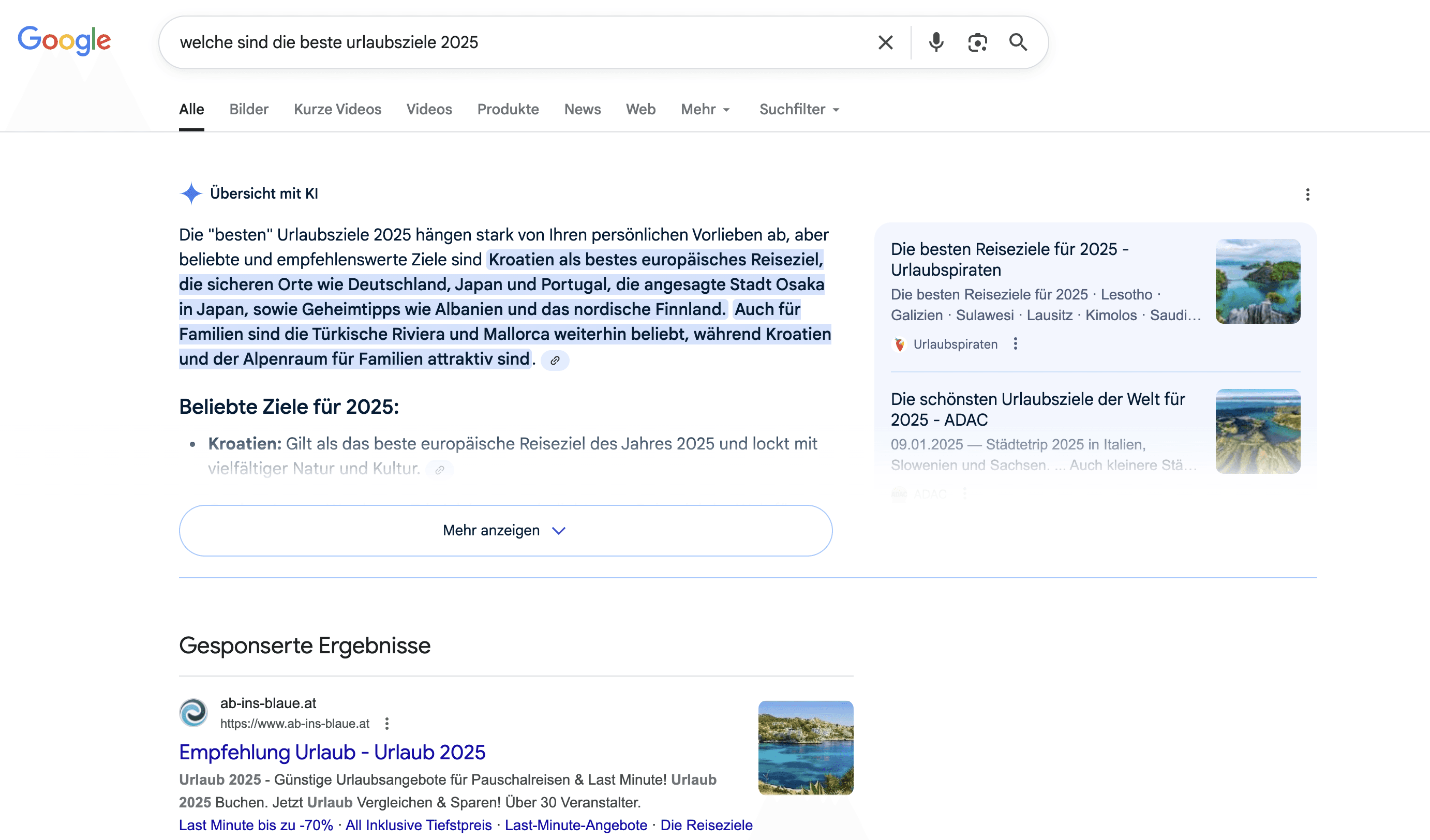 Screenshot einer Google-Suchergebnisseite mit KI-Übersicht zu den besten Reisezielen 2025 – Beispiel für generative Suchergebnisse und verändertes Nutzerverhalten durch KI-Suche.