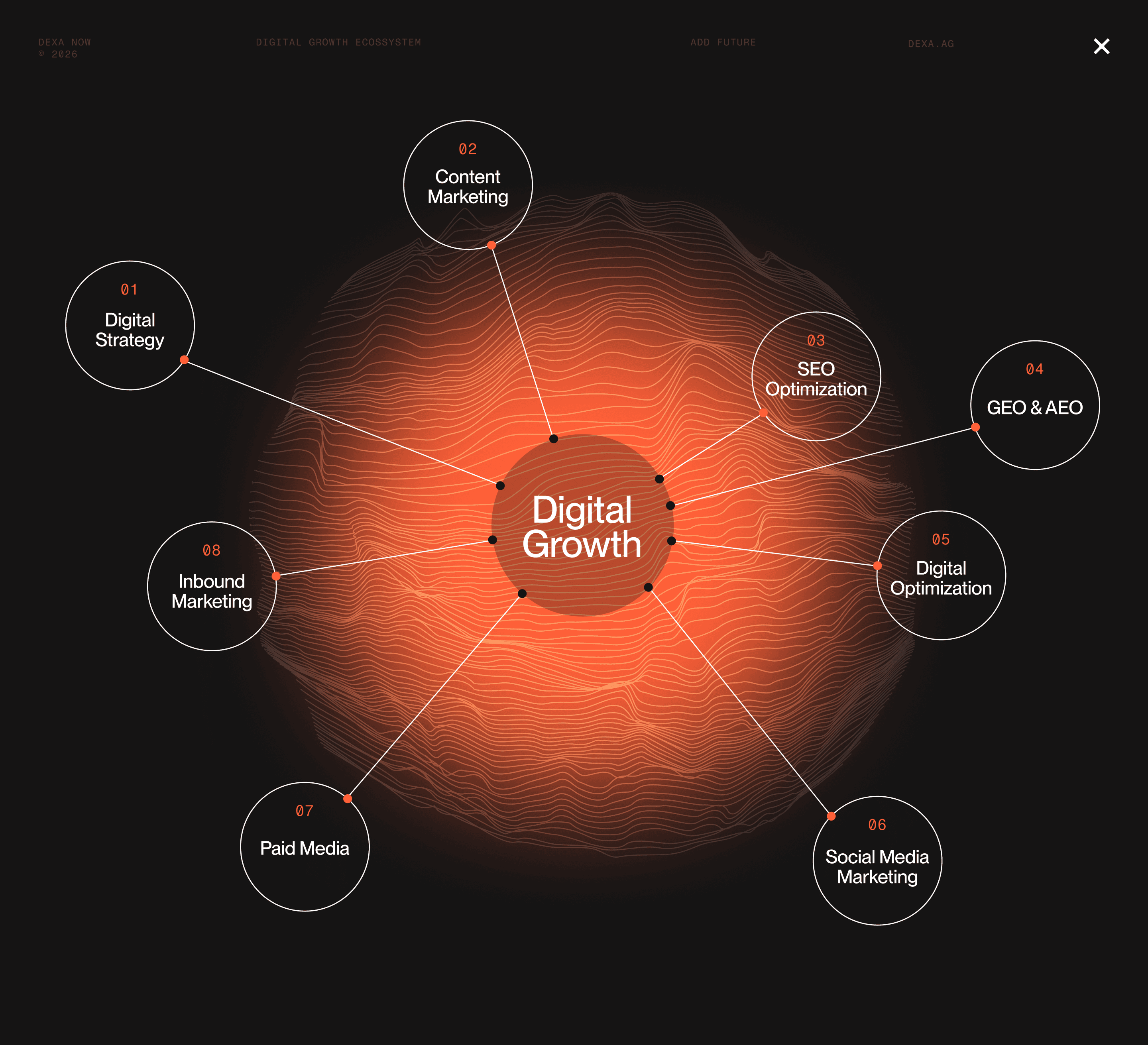 Imagem com as diferentes frentes de trabalho de Digital Growth da Dexa.