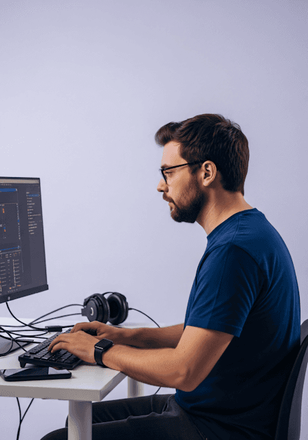 Man with glasses and headphones typing on a computer keyboard at a desk.