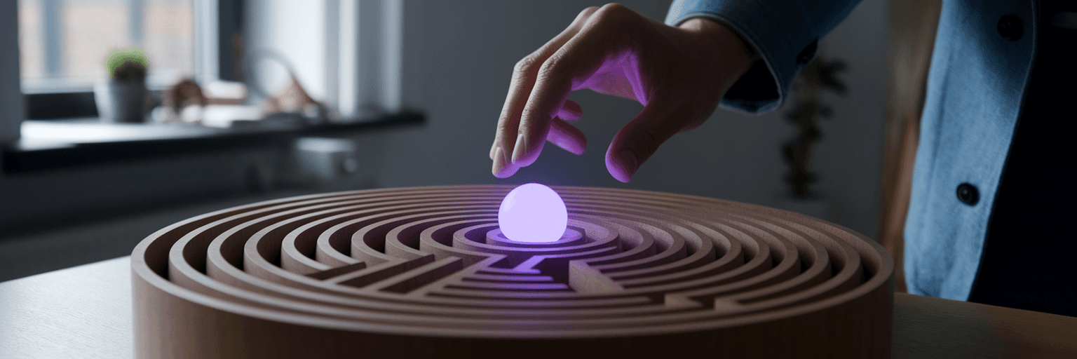 Hand guiding glowing sphere through labyrinth.