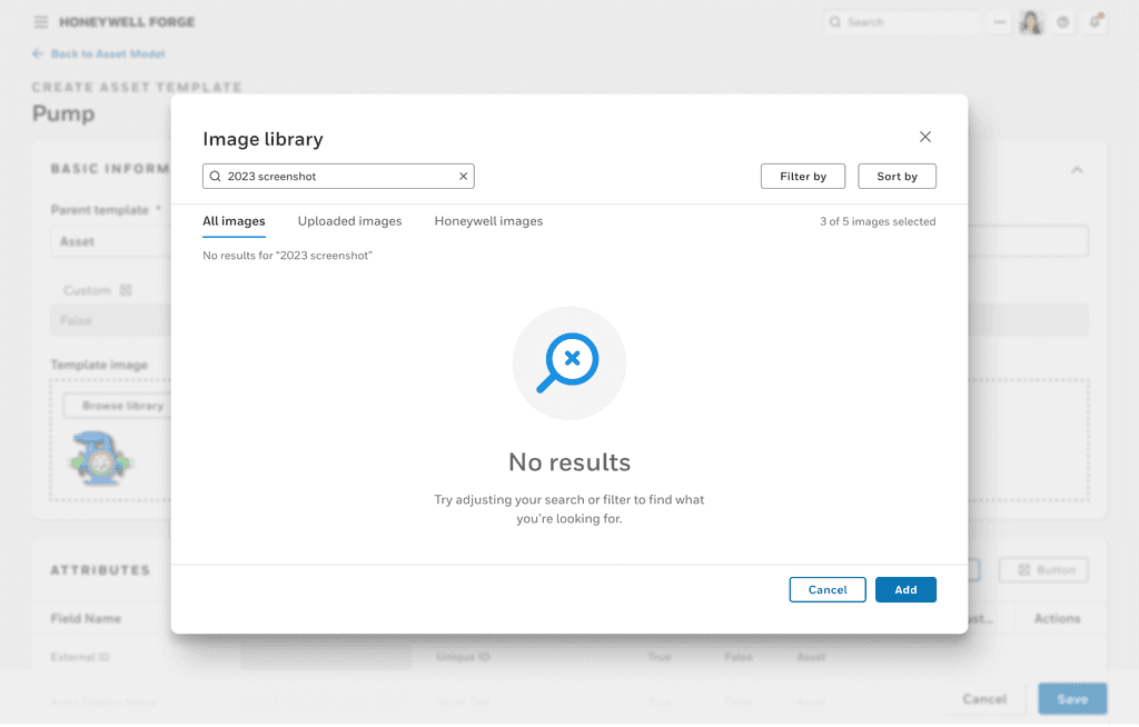 Mid-fidelity design of the image library with horizontal tabs and an empty state