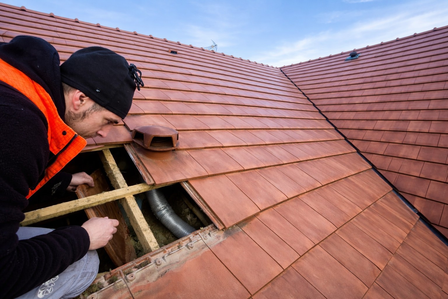 Couvreur Roofnow inspectant une ouverture sur toiture en tuiles autour d’une sortie de ventilation pour vérifier l’étanchéité et préparer la réparation.