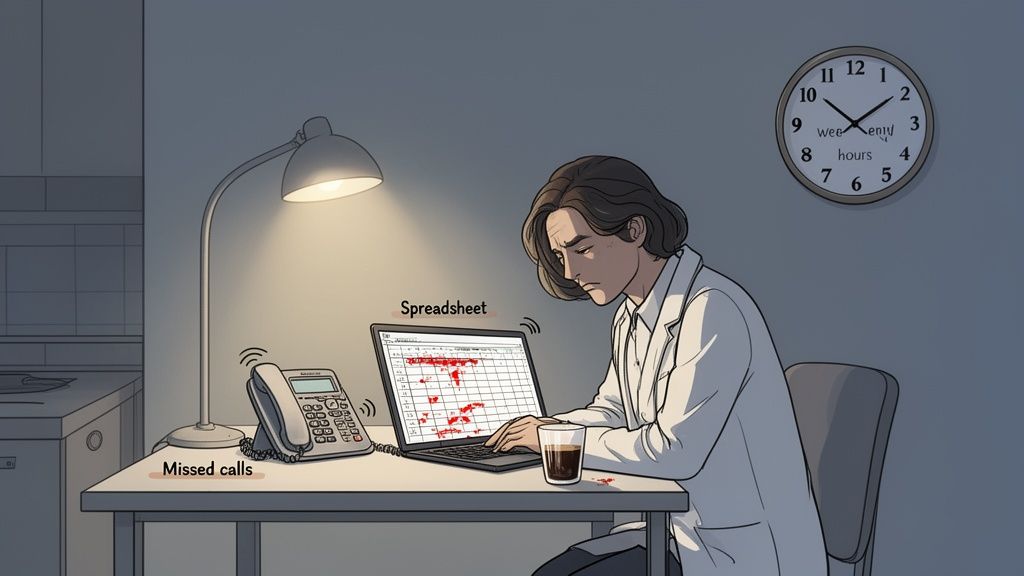 Stressed person working late on a laptop spreadsheet with missed calls and a spilled drink.