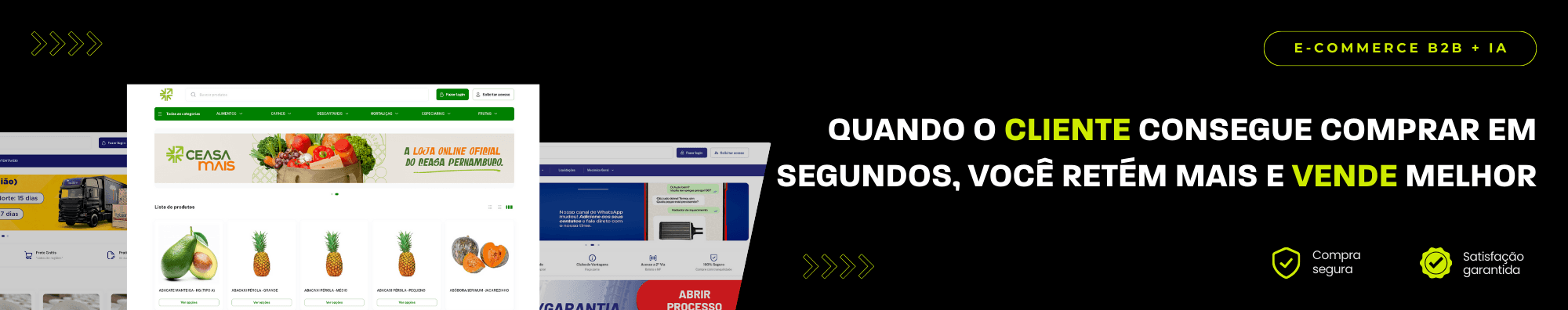 Banner horizontal com fundo escuro, ícones de segurança e satisfação, e imagens de lojas B2B exibidas à esquerda. Elementos gráficos em verde destacam o tema de e-commerce B2B com IA.