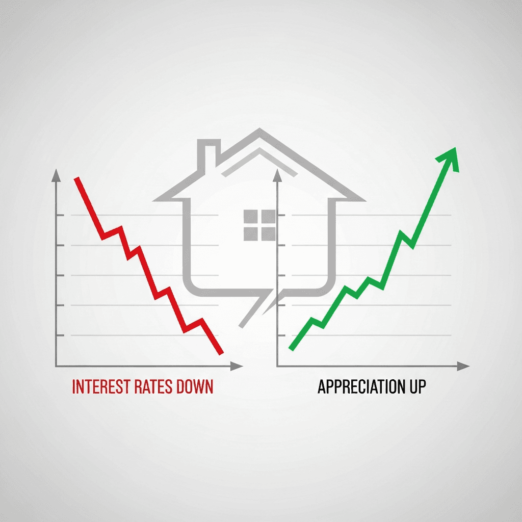 A conceptual image showing two interconnected graphs: one with a red line sharply declining (symbolizing interest rates going down) and another with a green line steadily ascending (symbolizing property appreciation going up), with a house icon in the background.