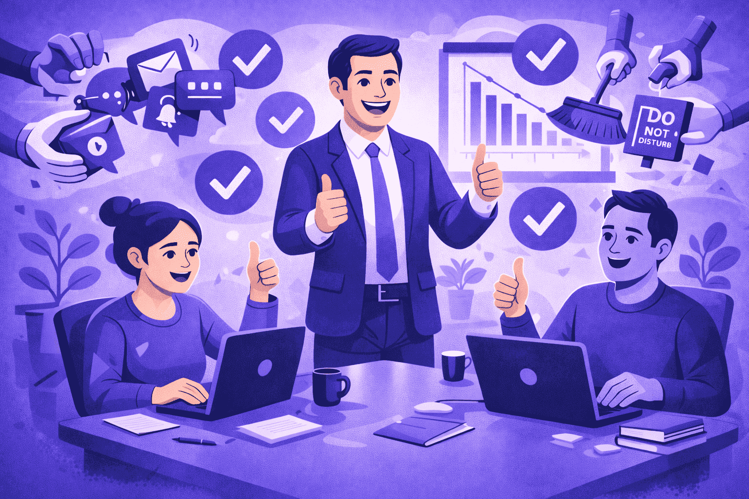 Happy employees and manager in an organized office after reducing workplace distractions, showing improved focus and productivity