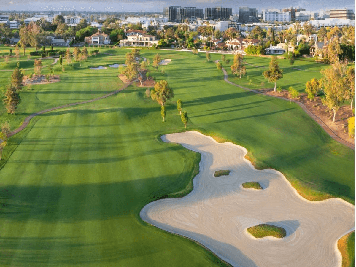 Aerial view of a fairway and bunkers