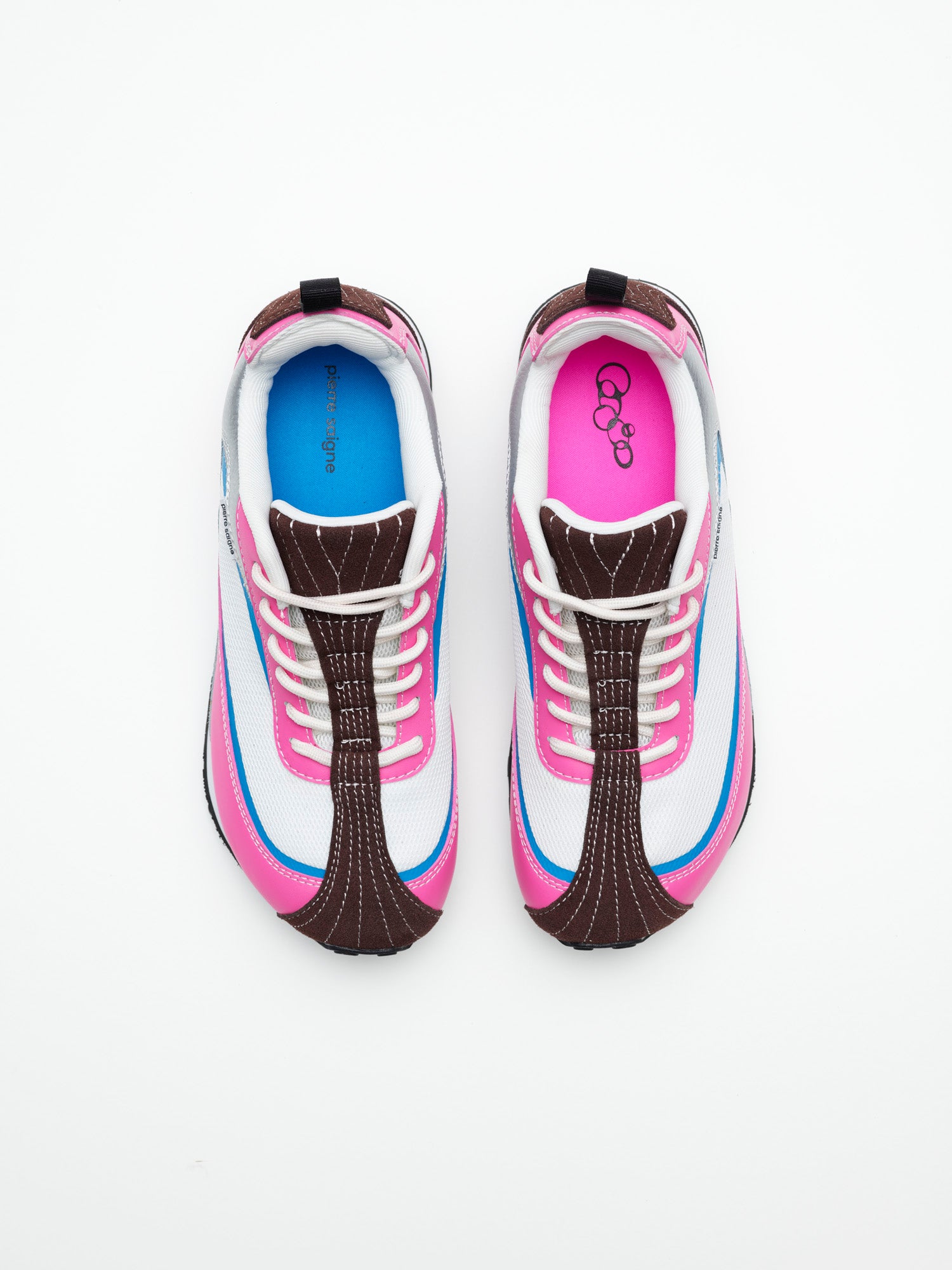 pierre saigne ps_001 sneakers, bubblegum colorway, pink, blue, silver, white and brown, top view