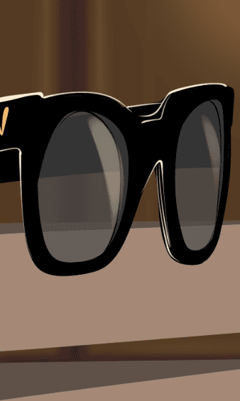 A dramatic, tight crop focuses on the thick black frame and dark lens of a single pair of sunglasses