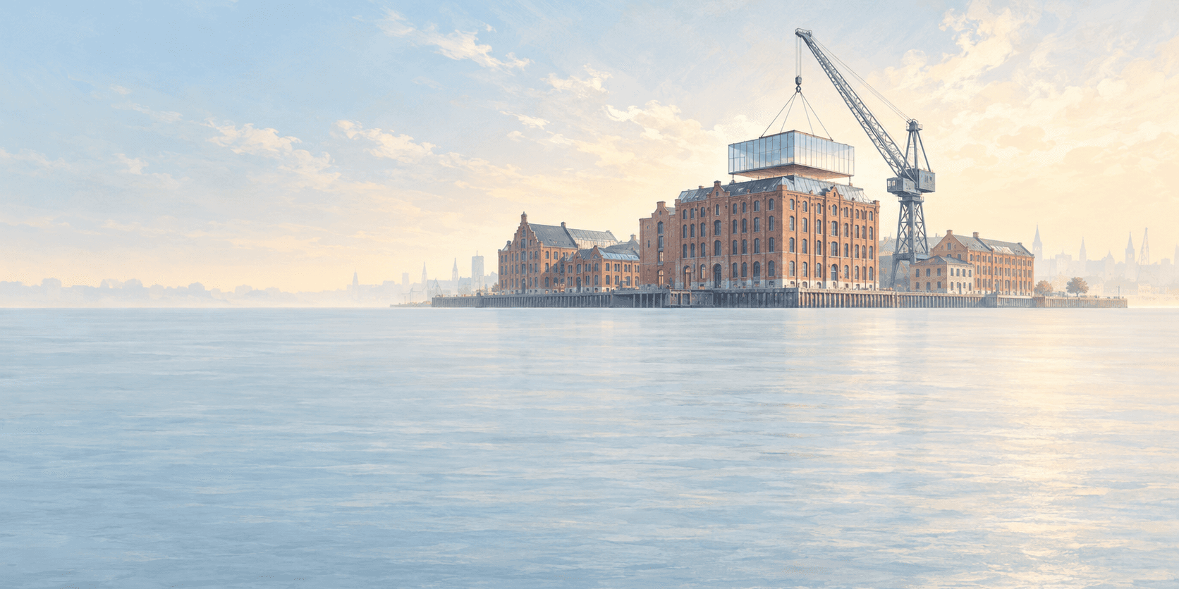 Red-brick harbour warehouses on a calm waterfront, with a crane lifting a new glass storey onto the largest one