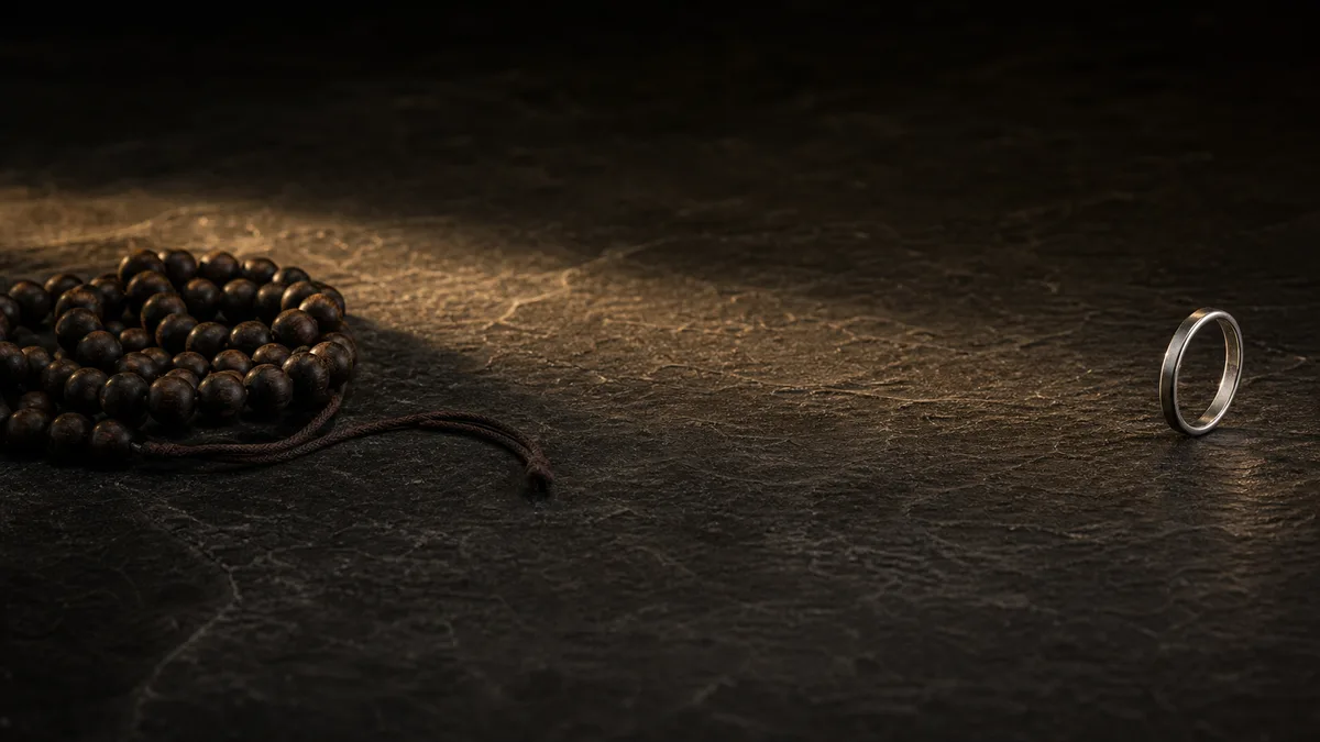 Dark wooden prayer beads and an upright metal ring separated across a shadowed slate surface