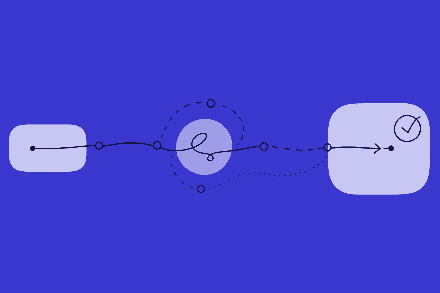 Abstract follow-up chain moving through handoff nodes and a waiting loop before reaching a final checkmark, symbolizing patient work carried to closure.