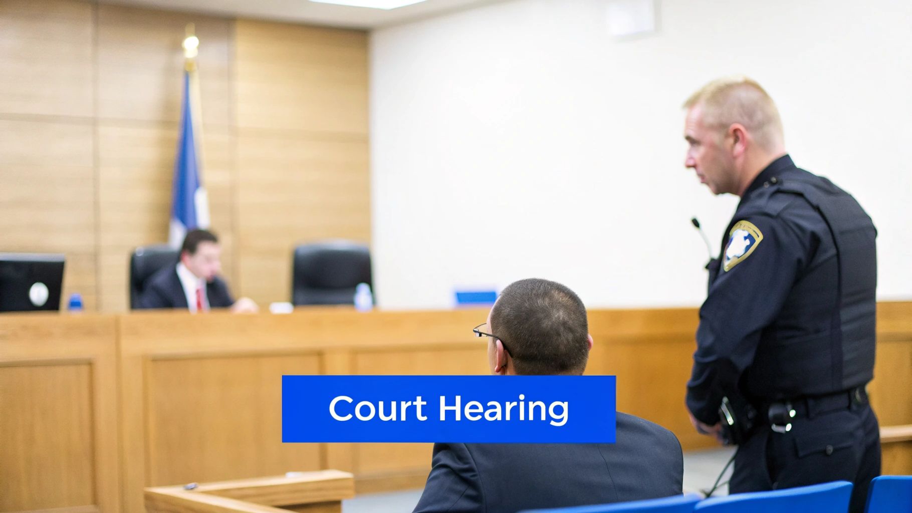 A court hearing in progress, featuring a judge, a police officer, and a person in the foreground.