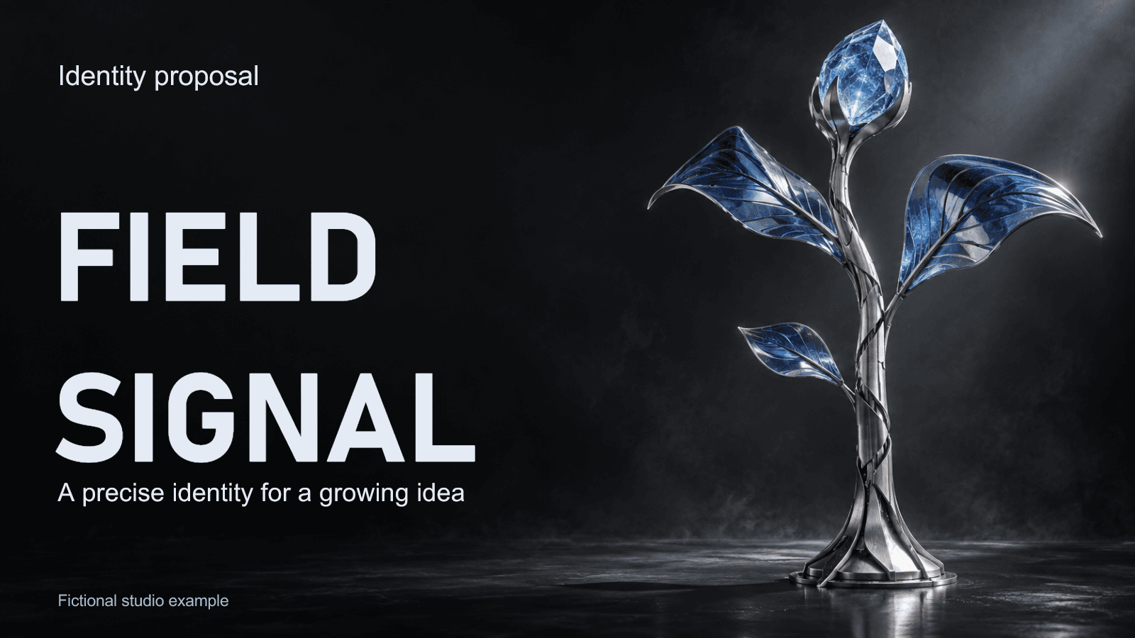 Cobalt glass botanical sculpture and large Field Signal typography on a dark presentation cover.