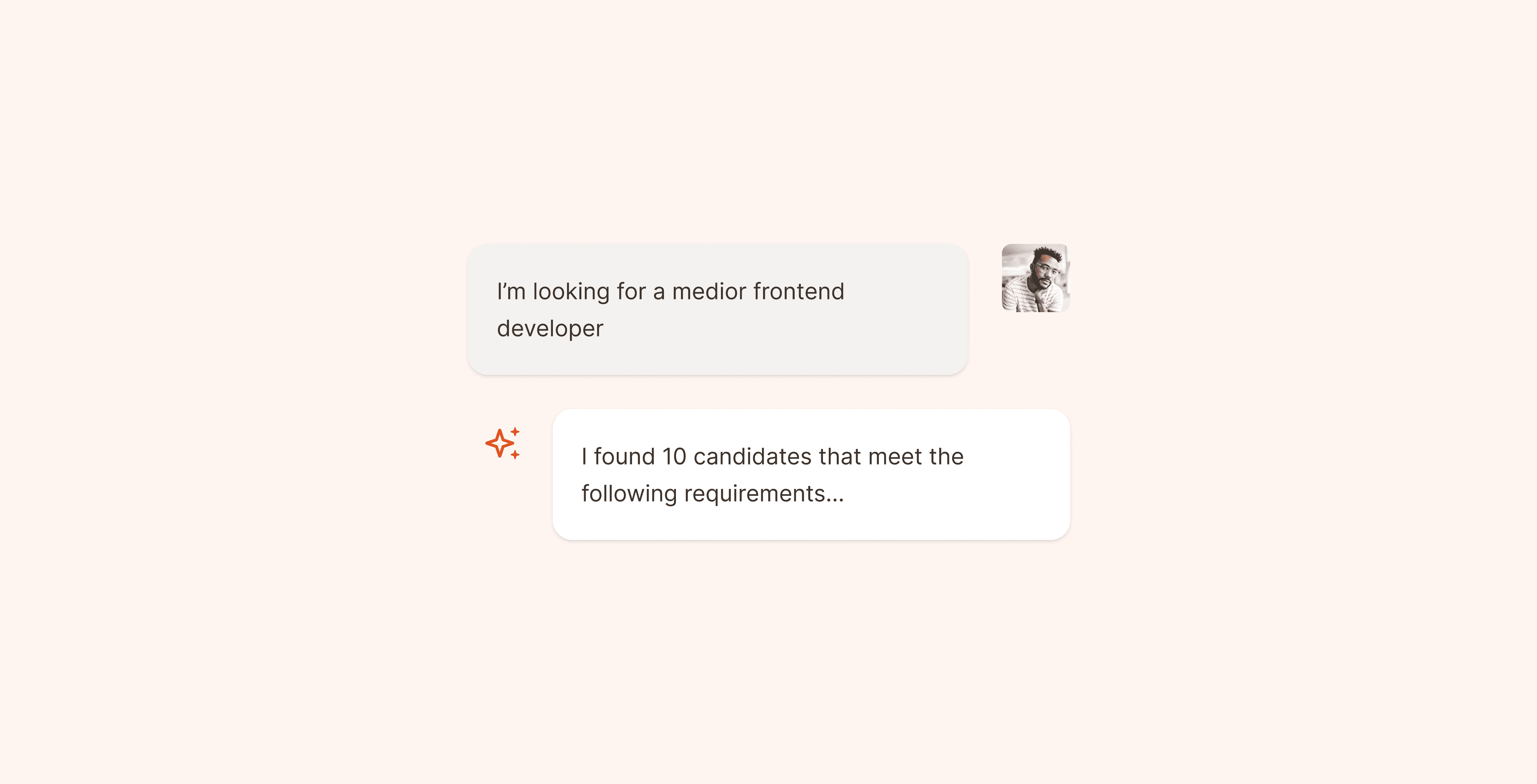 Screenshot of a conversation between a human and the Adeptiq AI. The human asks for a medior frontend developer, the AI replies that he has found 10 relevant candidates