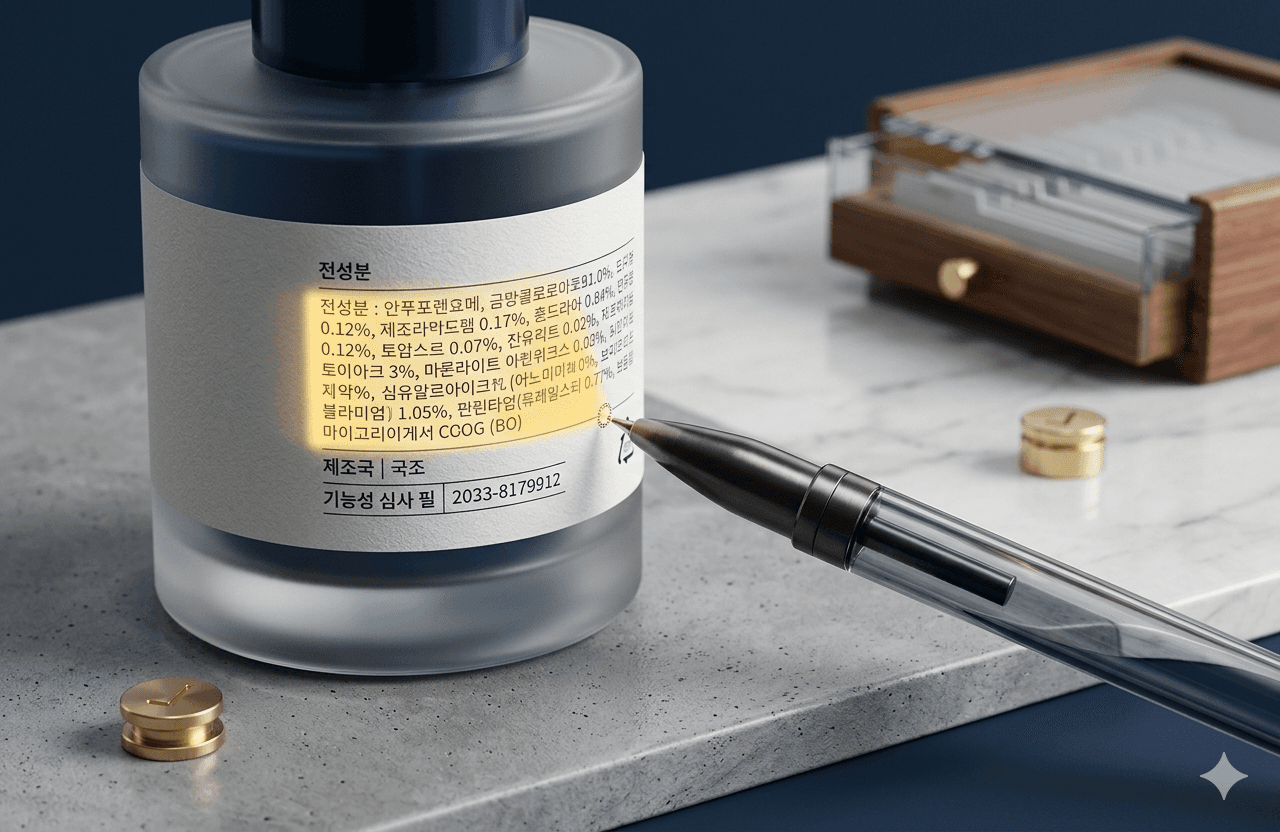 Macro focus on a pen verifying precise cosmetics label data for integrity.