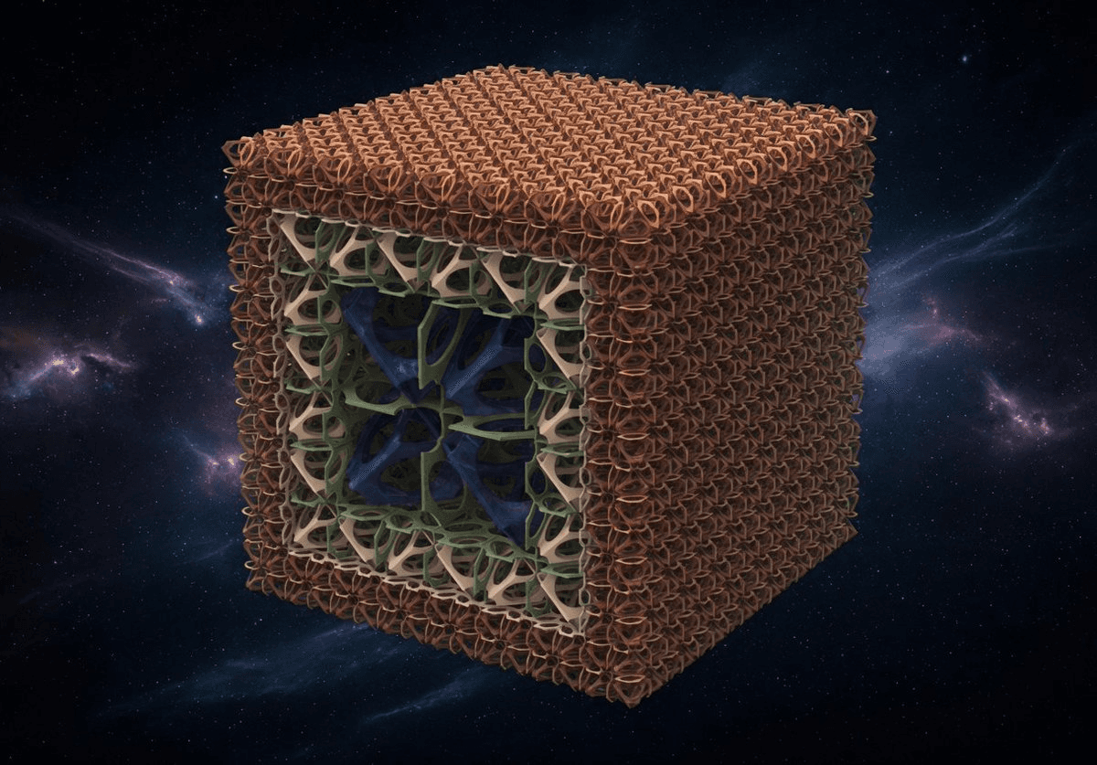Close-up of a dense one-cubic-metre Metatronium feedstock cube, its fine metallic lattice visible, drifting against the black of space.