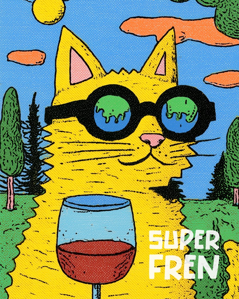 Super Fren mobile app showing a cat-themed NFT