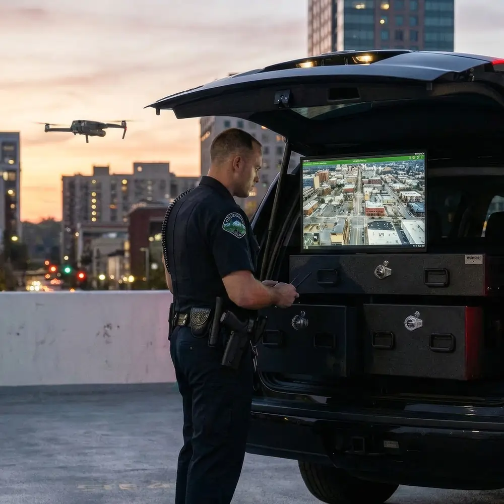 Officer operates drone from patrol vehicle cargo bay with live aerial footage on integrated display