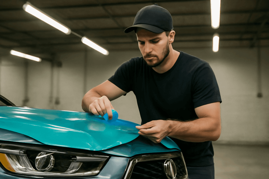 Autotechniker verlegt türkisfarbenes Car Wrapping.