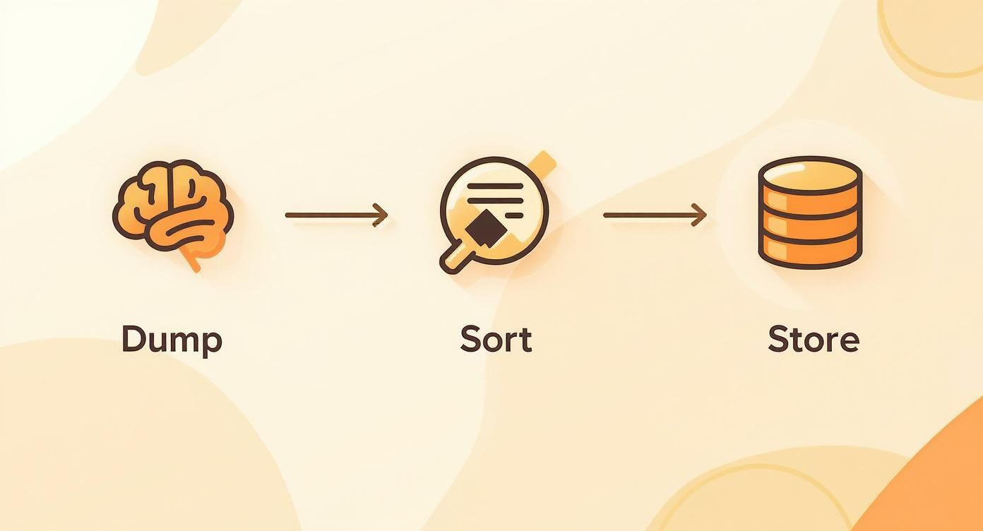 A three-step workflow diagram showing a brain (Dump), a magnifying glass sorting documents (Sort), and a database stack (Store).