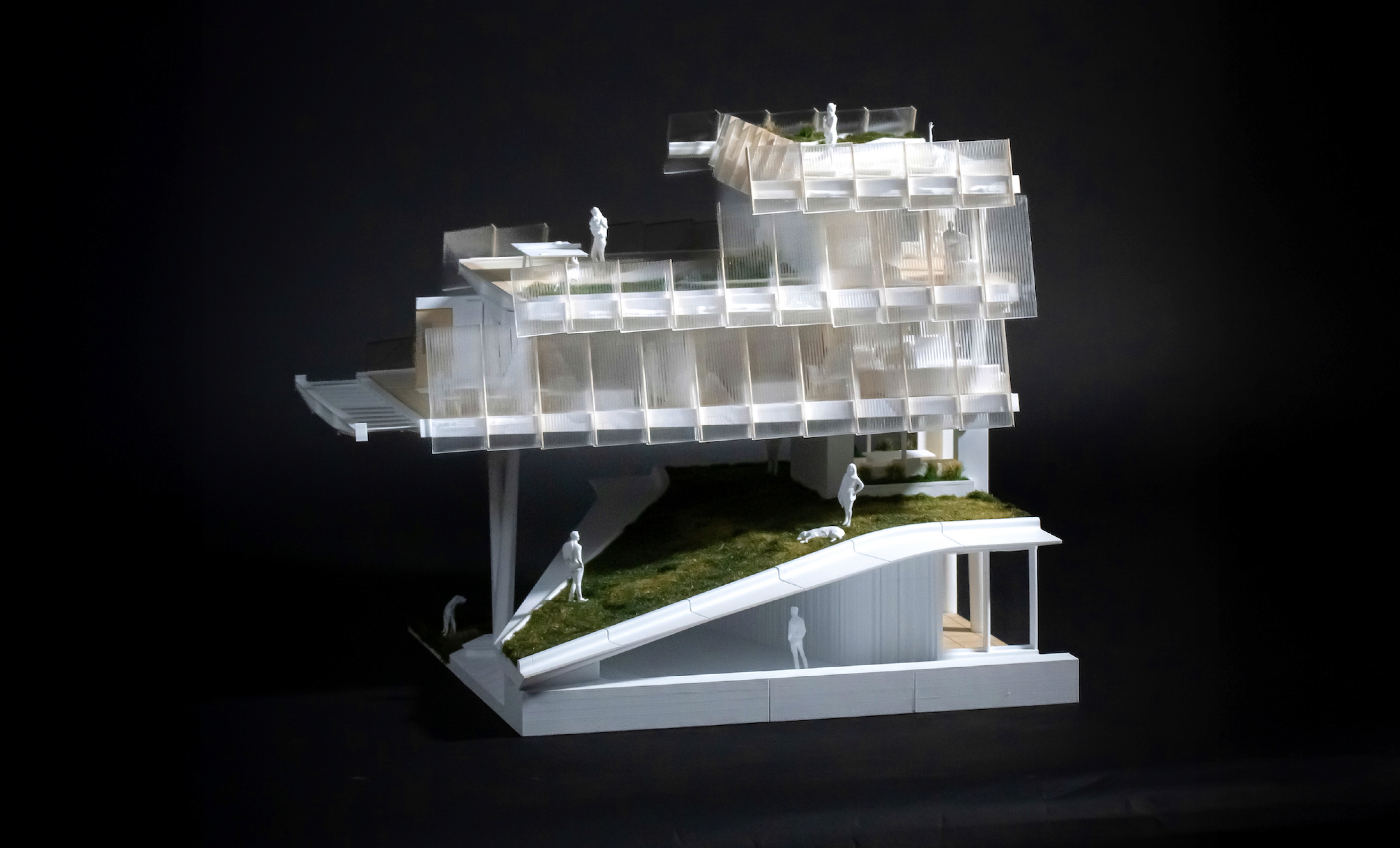 1/4" Scaled Model showing the exterior facade and ramping entryway.