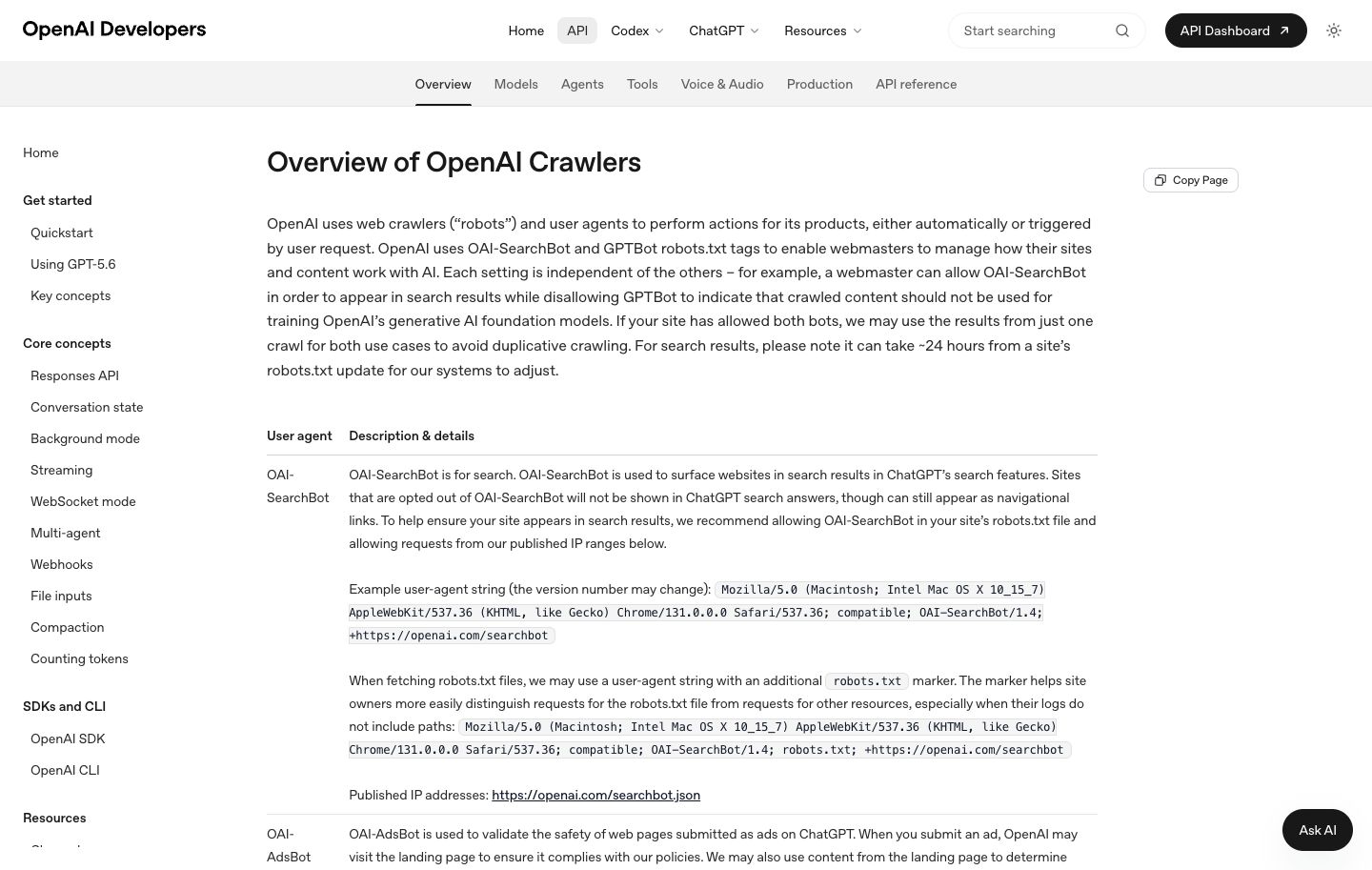 OpenAI crawler documentation separating search and training controls