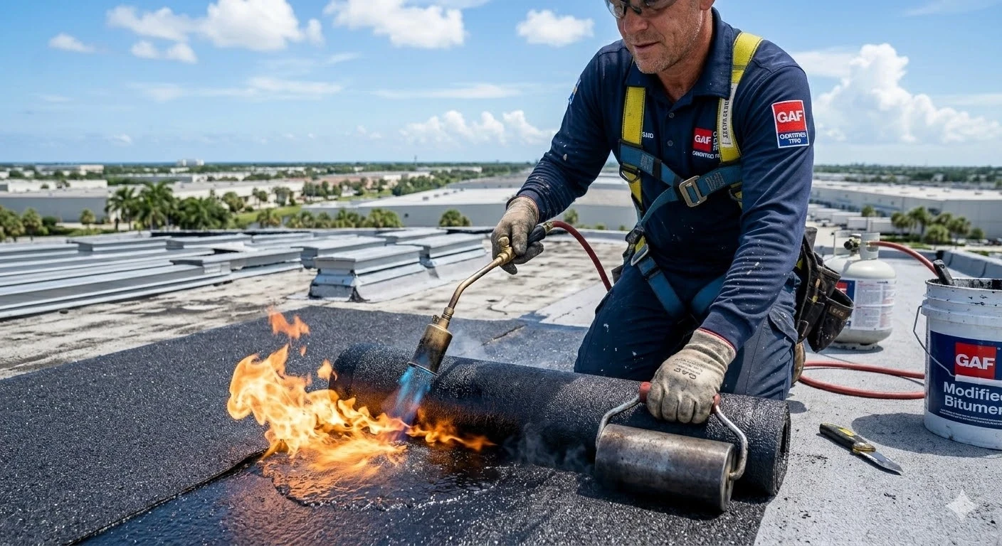 Modified bitumen overlay South Florida — torch-applied APP cap sheet installation on commercial building by Roofing Network