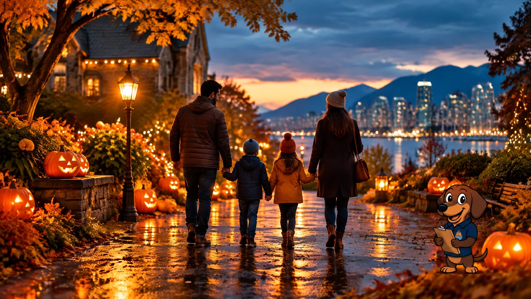 A family walks through a pumpkin-lit Vancouver neighbourhood at twilight, with Jimmy the dachshund standing upright and holding his clipboard